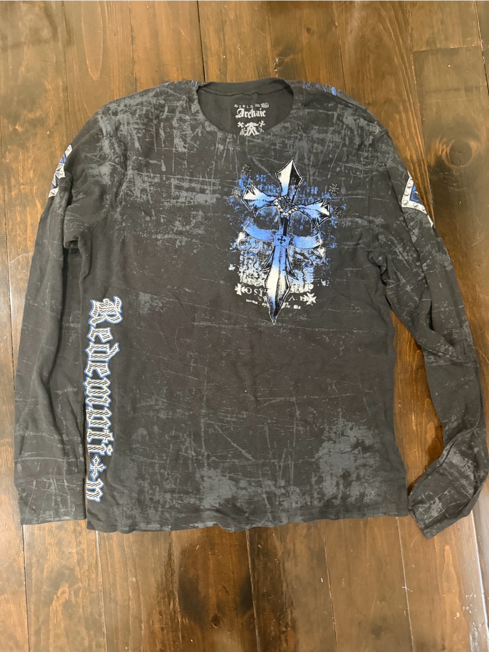 Archaic Black Long-Sleeve Tee with Blue Cross Graphic